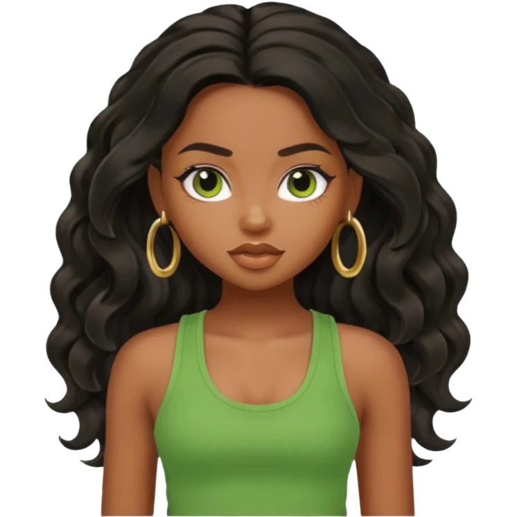 a pretty bratz brown girl with long wavy black color hair and green tank top on emoji