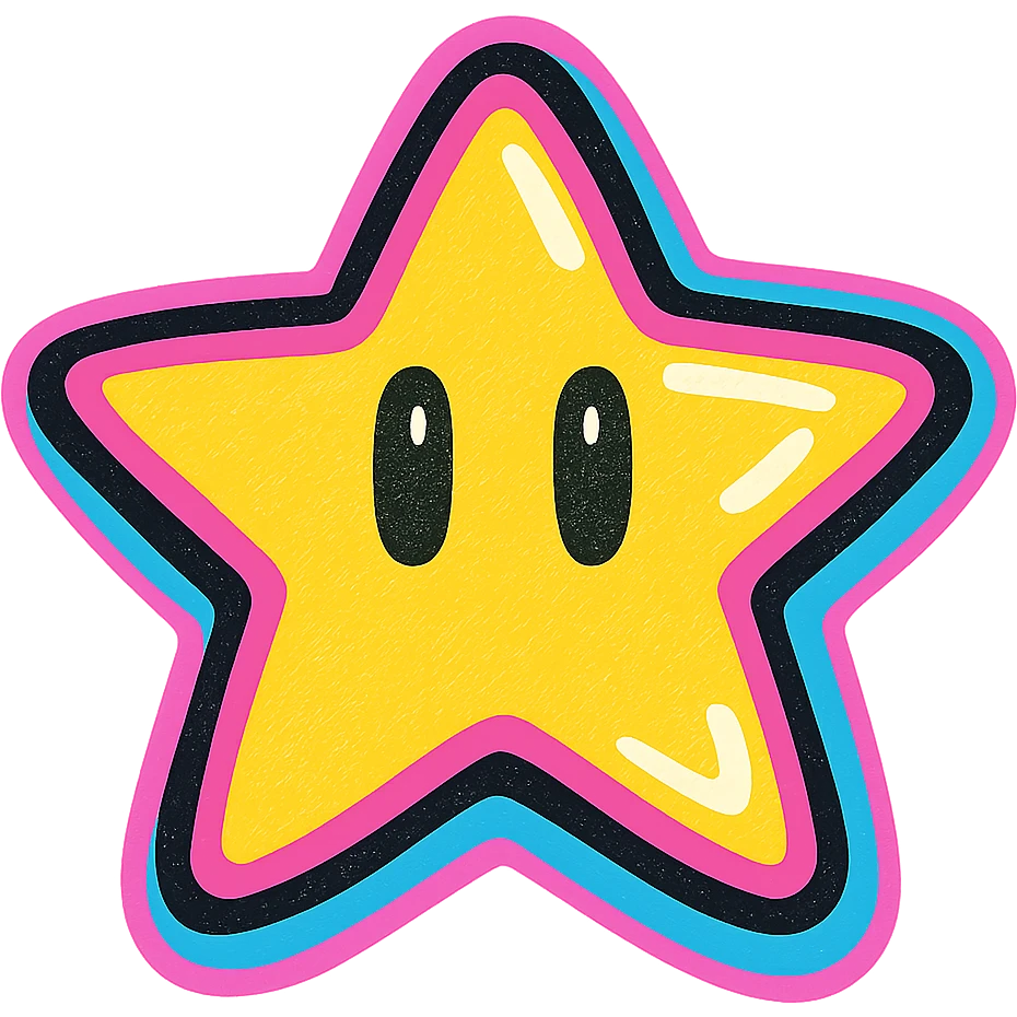 Y2K style Mario star, holographic effect, neon outlines, and glossy reflections emoji