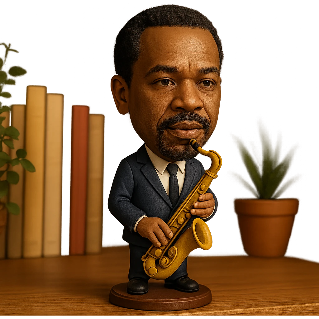 illustration of a jazz musician with a saxophone in bobblehead style emoji