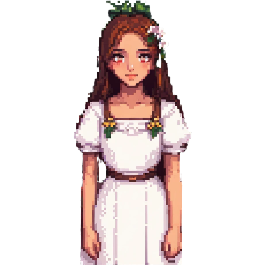 Change the girl's eyes to a rich brown color, keep the pixel art style and the flowery garden background. emoji