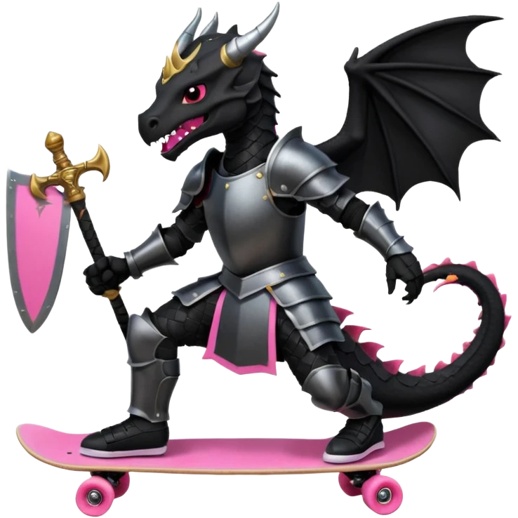 zwarte ridder met een zwarte zwaart en een zwarte schild met een zwarte draak op en hij skate met een roze skatebord en hij  zit tegen een draak te vechten emoji