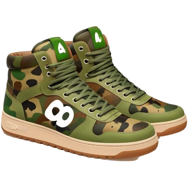 Bape sneaker with classic camo pattern in green and brown colors, high top sneaker with ape logo on the side emoji