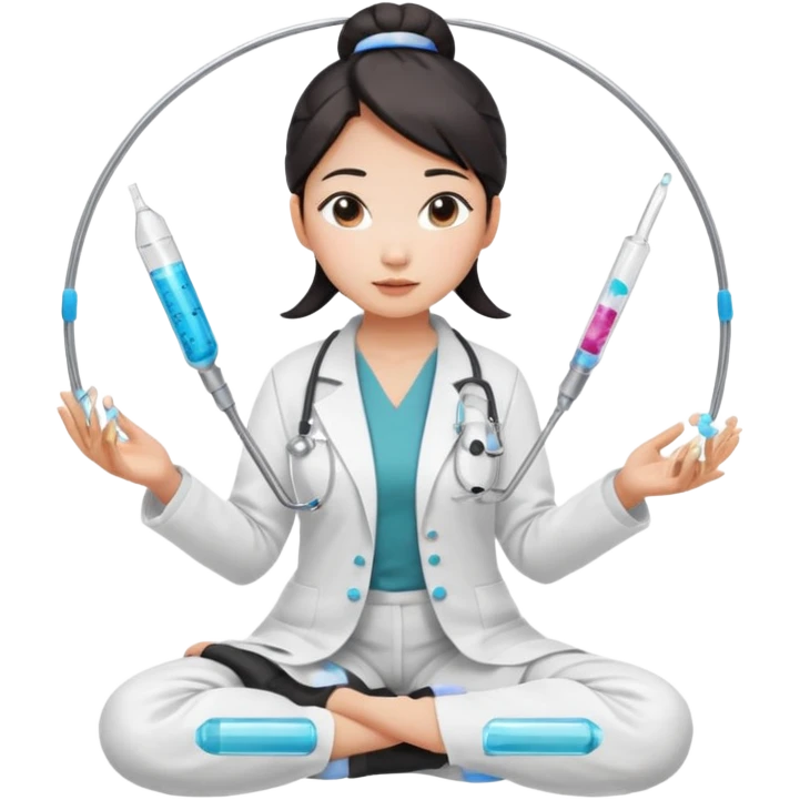 emoji of an asian woman with a single bun in a white lab coat sitting cross legged with micropipettes levitating in an arc around her head emoji