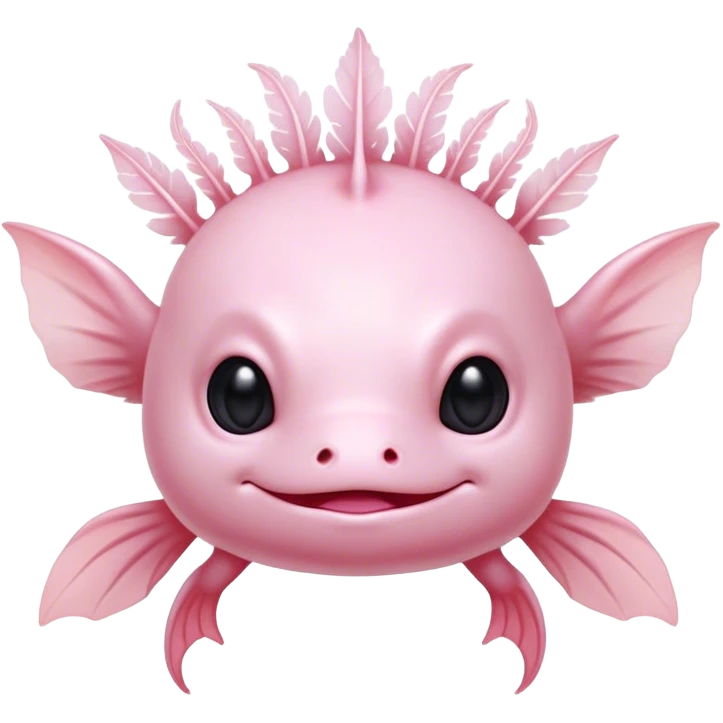 Cinematic Noble Axolotl Portrait Emoji, Poised and regal, with a slender, graceful build and smooth, pale pink skin adorned with feathery external gills, deep-set soulful dark eyes, Simplified yet sharp and sophisticated features, highly detailed, glowing with a soft, ethereal glow, high shine, intelligent and enigmatic, stylized with an air of aquatic elegance, focused and attentive, soft glowing outline, capturing the essence of a watchful and mystical creature, so majestic it feels as though it could glide out of the screen with effortless authority! emoji