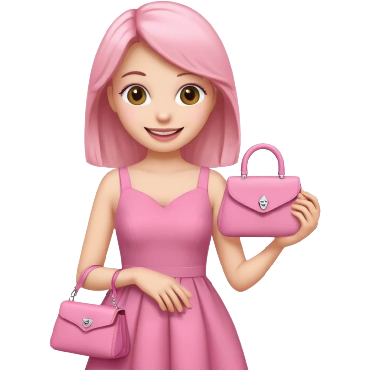 girly girl emoji, pink dress, long eyelashes, smiling, holding a purse emoji
