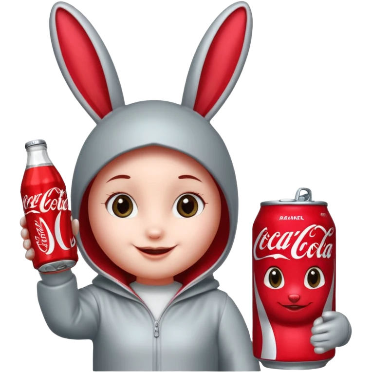 Red soda can as its head and a body resembling a bottle can . The can has large, friendly eyes and a smiling facial expression. The character’s bunny long ears are also red, and it has sliver accents on either side. The body displays the Coca-Cola logo prominently. emoji