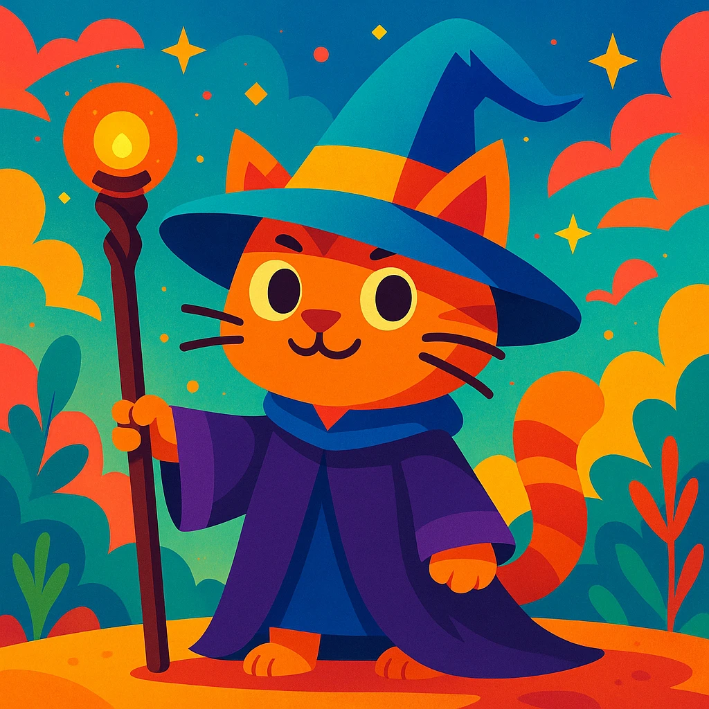 A cat wizard with a magical hat holding a staff in a fantasy setting, vibrant colors emoji
