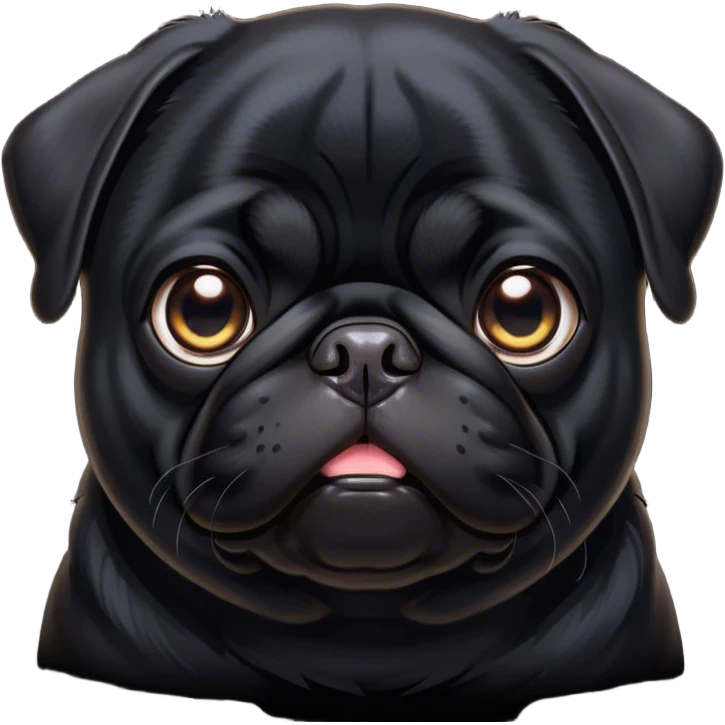 Cinematic Noble Black Pug Portrait Emoji, Poised and regal, with a compact, sturdy build and a sleek, shiny pure black coat, deep-set soulful dark eyes, Simplified yet sharp and sophisticated features, highly detailed, glowing with a soft, dignified glow, high shine, intelligent and spirited, stylized with an air of confidence, focused and attentive, soft glowing outline, capturing the essence of a watchful and commanding companion, so majestic it feels as though it could prance out of the screen with effortless authority! emoji