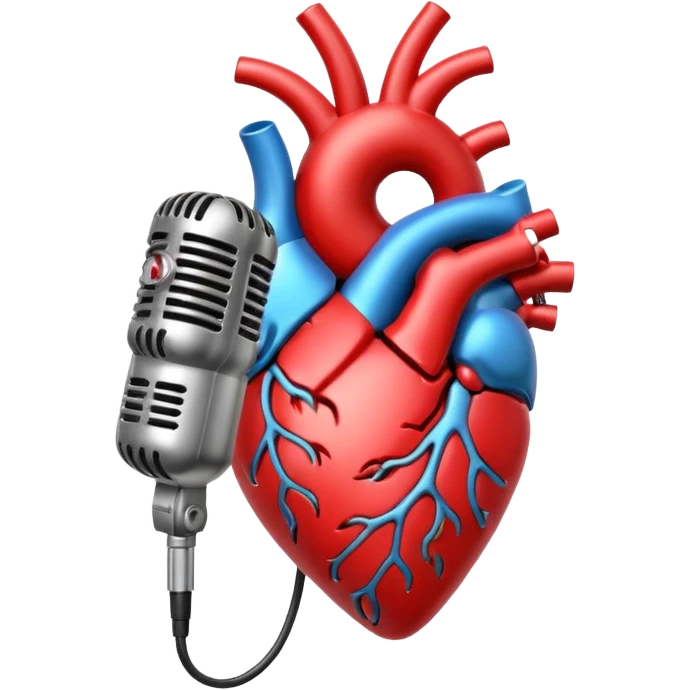anatomical heart and retro microphone fused together, music notes accenting the design, romantic emoji