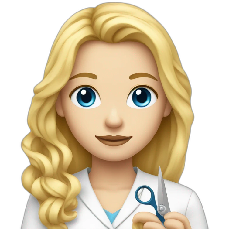 Blond long hair Woman tailor with metre around neck and scissors in her hand blue eyes emoji
