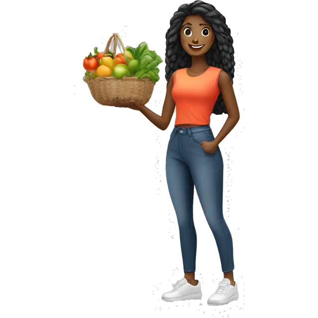 Vendeuse cheveux noir avec des fruits et légumes  emoji