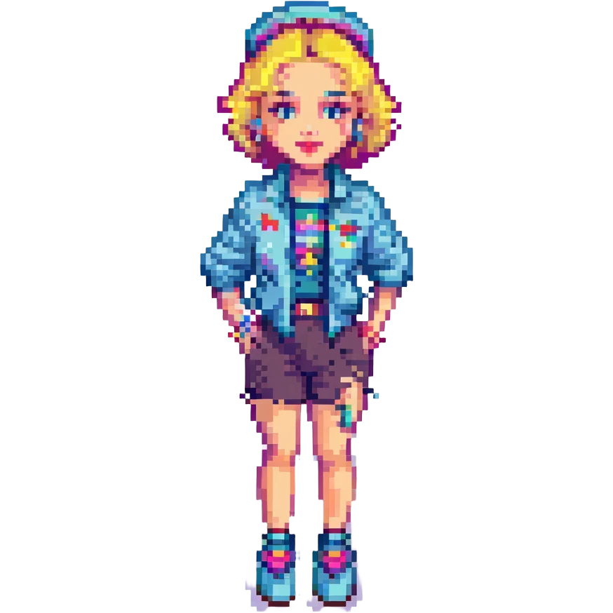 Madonna inspired by 'Borderline', pixel art style, 80s outfit, short hair, bright accessories emoji