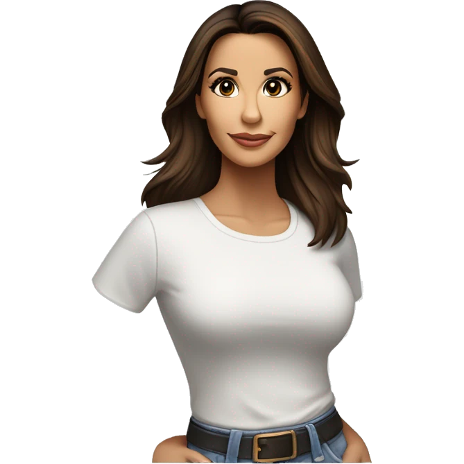 3/4 face, contrasted, shadow, light, Eva Longoria expression, standing from a distance, thin nose, brunette woman, hazel eyes, long eyelashes, dark shoulder shaded hair, white t-shirt, jeans, white sneakers emoji