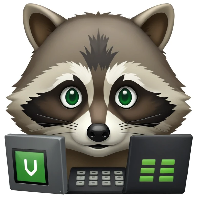 Raccoon face with black computer terminal window in background. The terminal window displays code in green and black. emoji