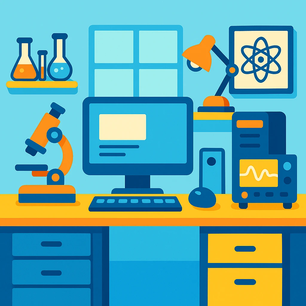 flat toon style tech lab, simple shapes, bright colors emoji