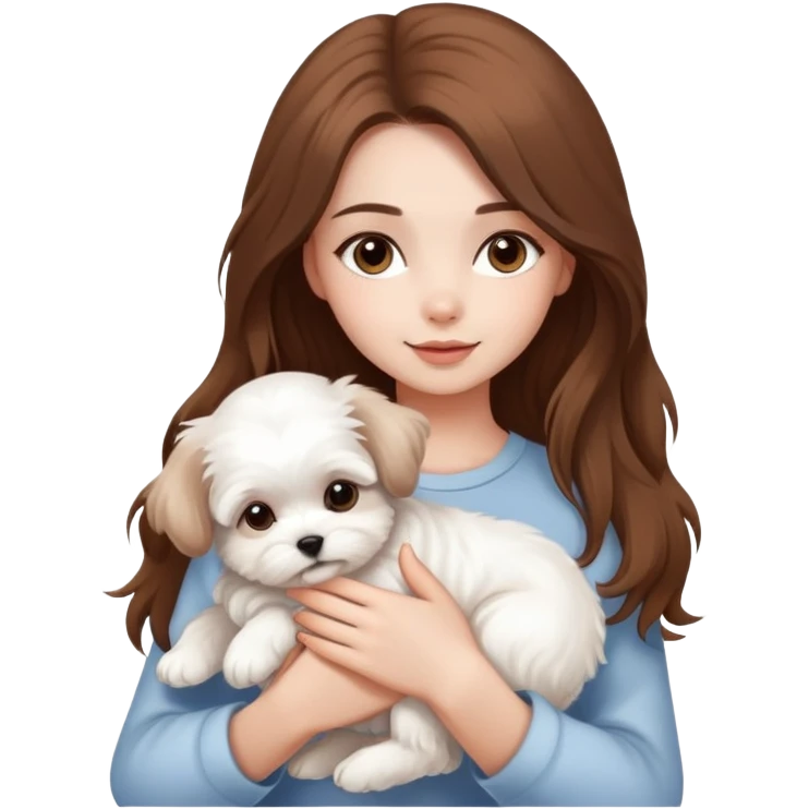 beautiful girl with long hair holding a fluffy white Maltese puppy emoji