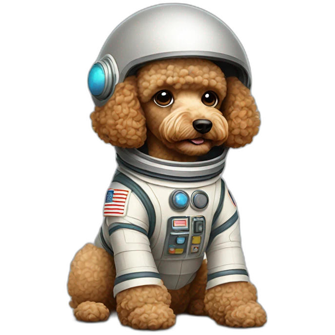 Light brown poodle seated with an spaceman suit and a helmet emoji