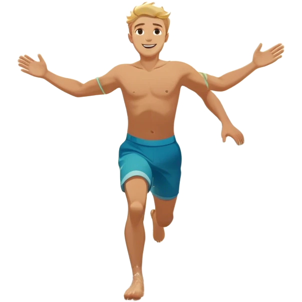 A white man running into the ocean with arms wide open, embracing the waves and the moment. The sun shines warmly, and the water sparkles, symbolizing the joy of creating fun and appreciating life’s simple moments. Their footprints in the sand fade as they fully immerse themselves in the present. emoji