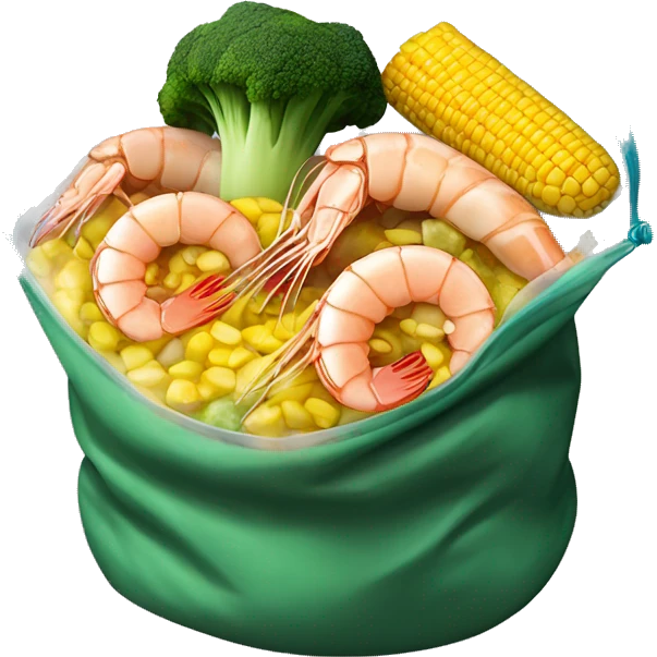 Realistic seafood boil with shrimp, broccoli & corn inside the clear boil bag emoji