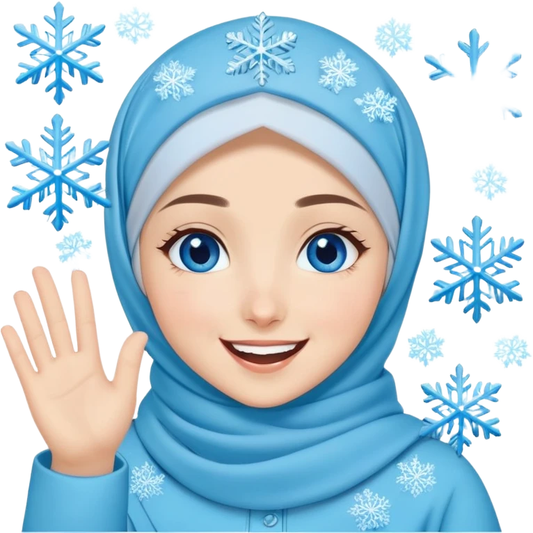 Turkish beautiful finish Konya girl blue eyes with light blue winter design hijab islamic dress and had on her hand snowflakes and she laugh and wave one's hand emoji