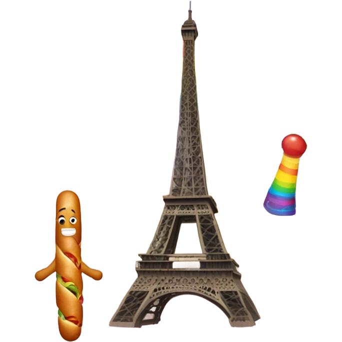 A giant holding the Eifel tower while riding on a rainbow eating a magic hotdog  emoji