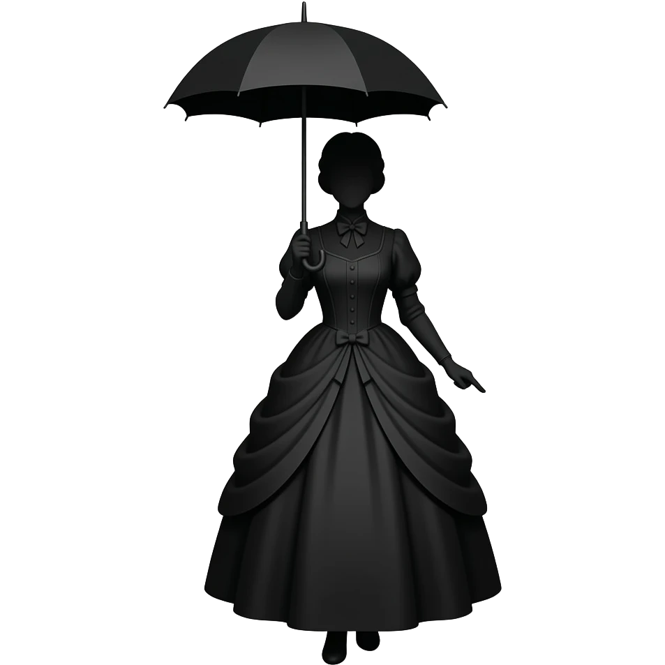 black silhouette mary poppins style female in old victorian dress holding umbrella up above head and feet pointing out forwards emoji