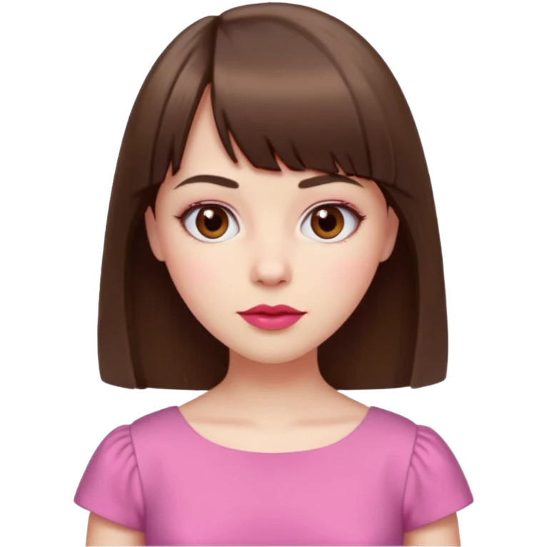 pale girl with medium-length straight brown hair, bangs above the eyebrows, brown eyes, red lips, oval face, wearing a pink dress emoji