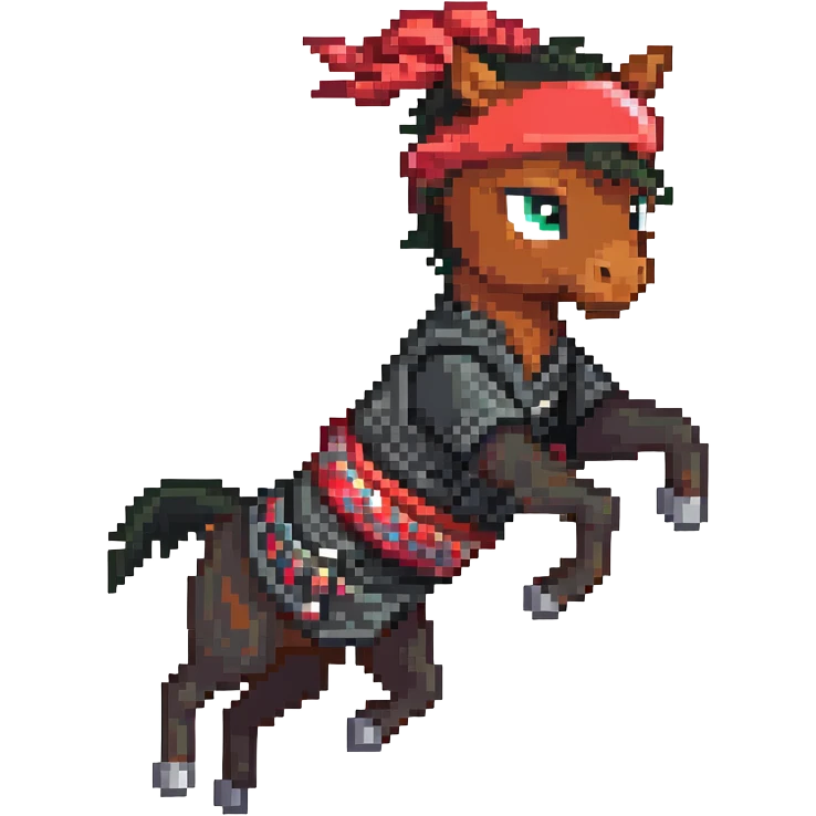 Ninja horse jumping in action, red headband, black outfit emoji