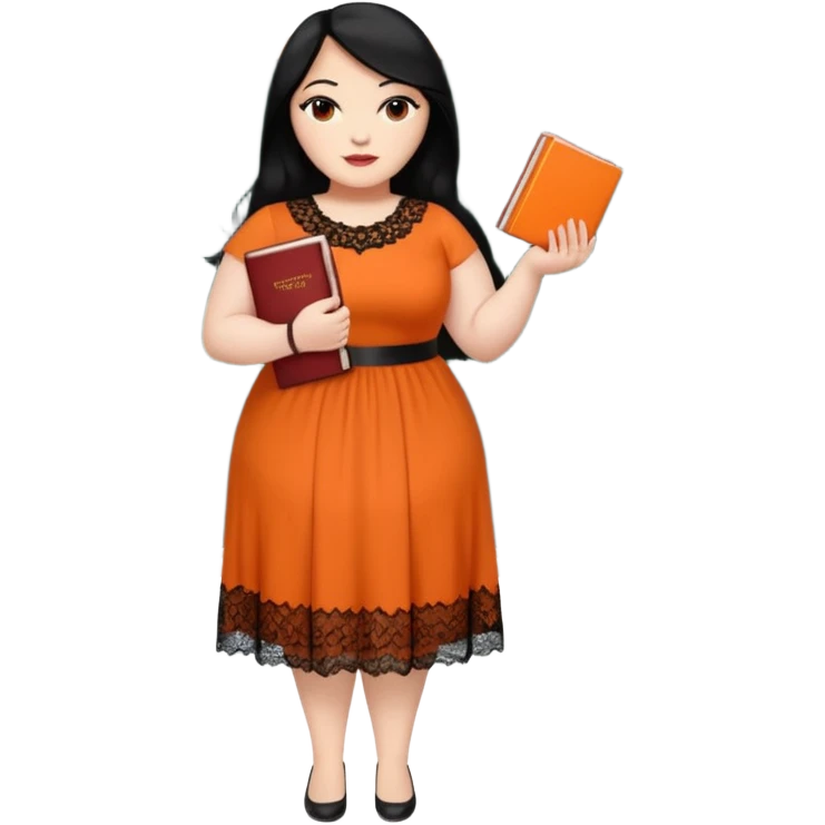  plus-size White woman is wearing makeup. She has long, straight, waist-length black hair and is wearing a full-body orange dress with rhinestones and lace. Her nails are painted orange. She is holding a book in one hand and a crayon in the other. A chalkboard is behind her. emoji