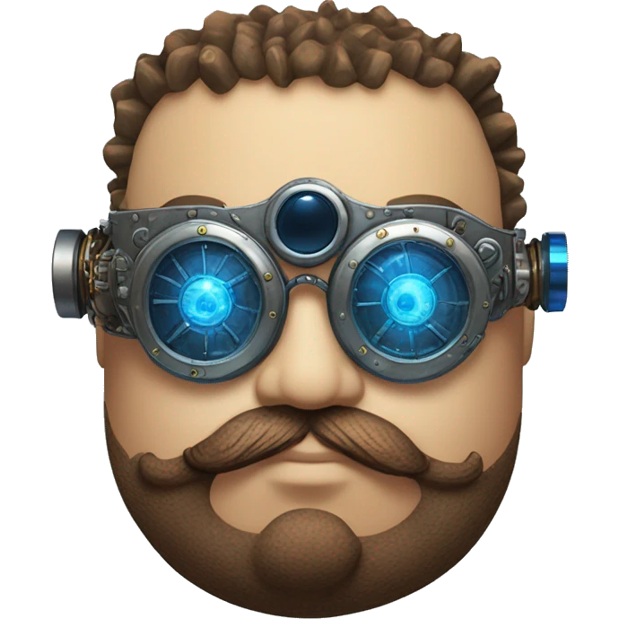 Fat cyborg head with blue steampunk goggles, brown beard and circuits emoji