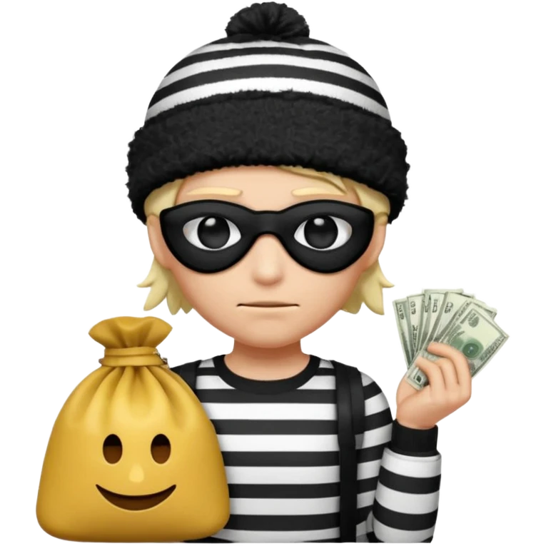a short ios emoji-style portrait of a classic burglar, a black eye mask and a black-and-white striped shirt. emoji-like hair, black winter-like hat, a bag of money 💰 with a dollar sign in a right corner, evil expression WITHOUT a hand  emoji