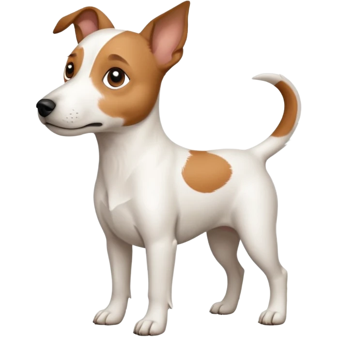 a full body white jack russel looking dog the size of a kelpie with light brown ears and a light brown patch on one eye and a large snout emoji