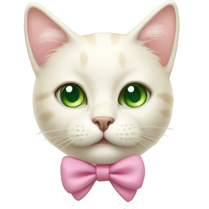 Cream cat with a pink bow and green eyes emoji