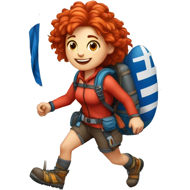 Female winter mountain climber red windy hair climbing with Greek flag on backpack and holding Easter eggs basket emoji