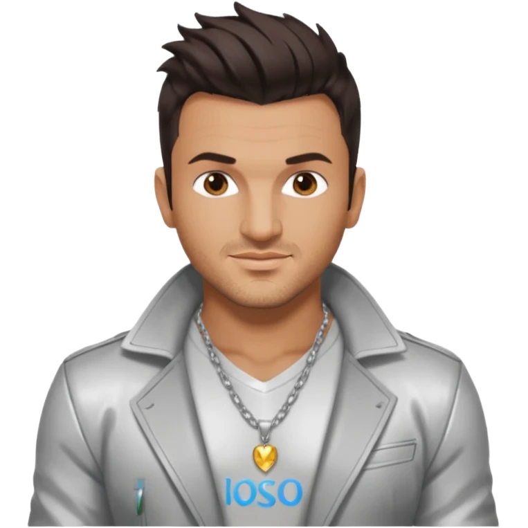 Peter Andre with dark brown hair, shirtless with necklace, silver jacket emoji