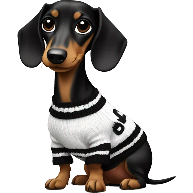 Dachshund wearing black and white Sweater with chanel logo  emoji