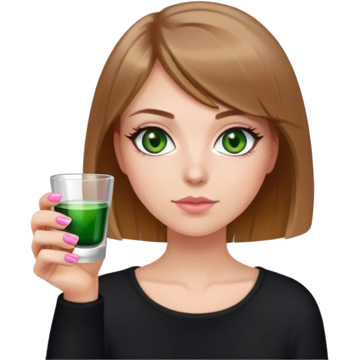green eyes light brown hair white girl with short bob no bangs with a shot glass wearing black light pink nails emoji