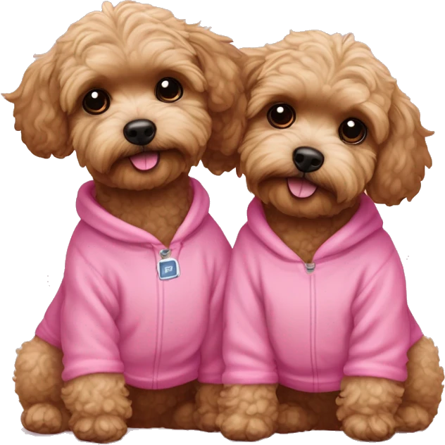 2 brown maltipoo dogs hugging, one wearing a pink sweatshirt and the other wearing a blue sweatshirt emoji