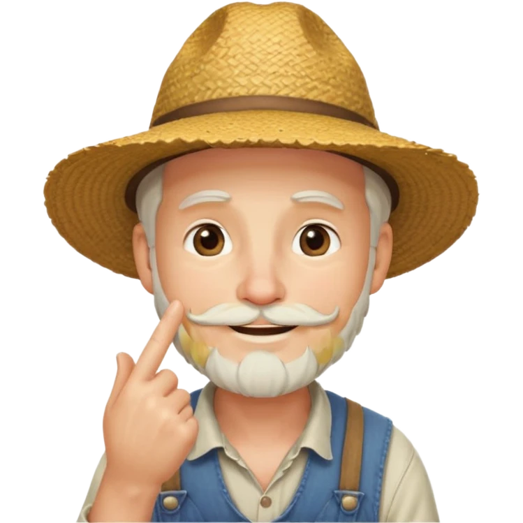 “A single emoji-style character combining 👨‍🌾😄 and 🤔: a smiling farmer man with a straw hat, friendly face, and light beard, holding one hand under his chin in a thinking gesture. His index finger rests under his face, eyes looking slightly upward as if thinking.  emoji