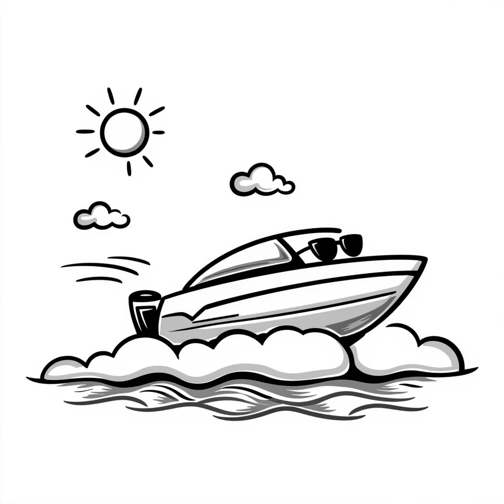 A hand-drawn speedboat with sunglasses and a cool grinning face emoji