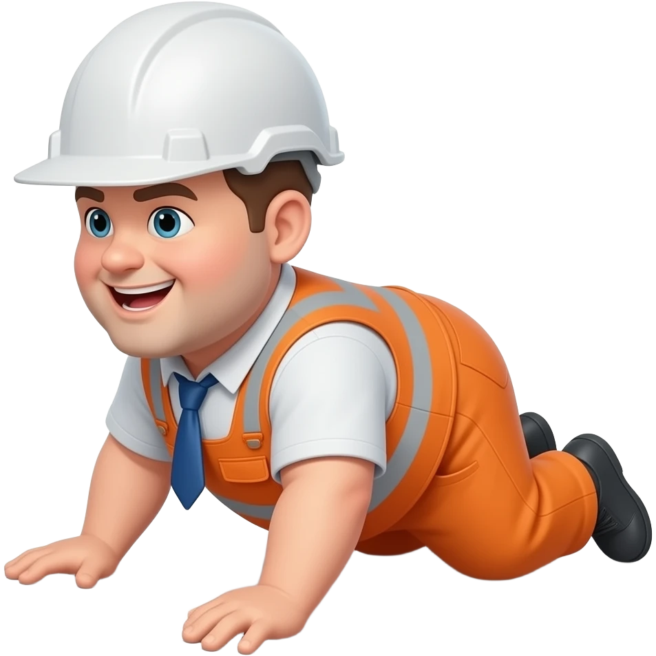 fat MAN IN ORANGE HIVIS OVERALLS, no helmet, not happy, laying face down on floor, side view emoji