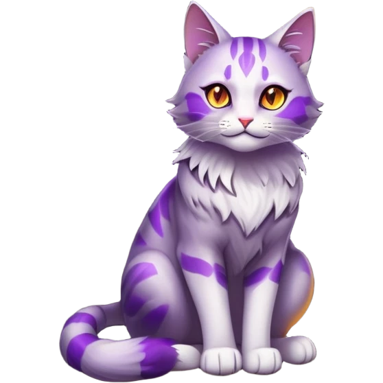 steam punk style. Purple shade. A wise cat with glowing amber eyes sits in the hollow between the roots of an ancient tree. Its fur shimmers in the dim light as it calmly licks its paw. The air feels enchanted. The cat's gaze, full of wisdom, is fixed on the traveler, as if sensing destiny emoji