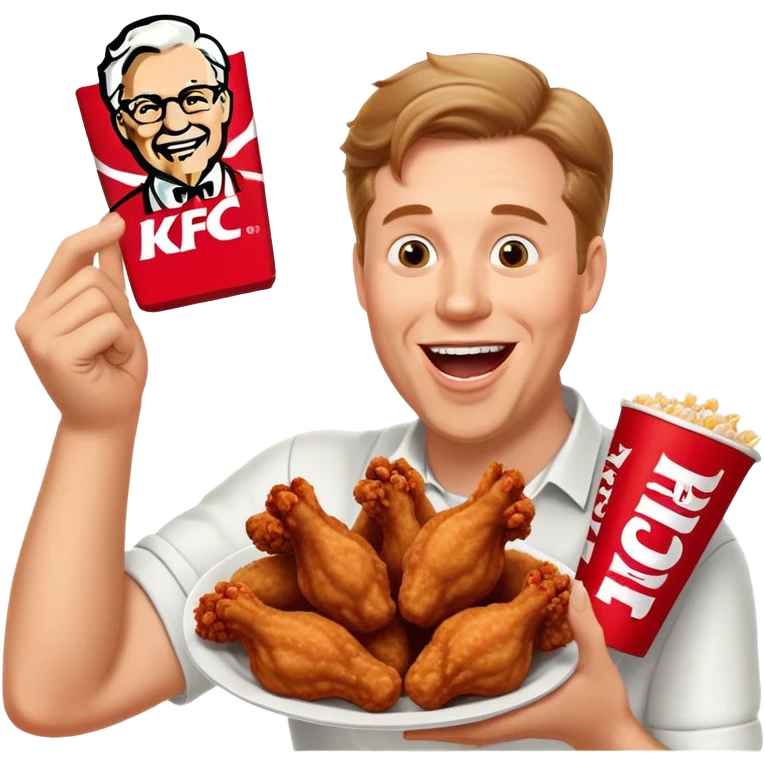 "Create an emoji of a white man holding KFC chicken wings with a happy and excited expression. Make sure to add the text 'KFC ABSOLUTE CINEMA ✋😮🤚' in large, bold letters, covering the entire screen and standing out clearly. This text must be included. Use a vibrant and expressive style." emoji
