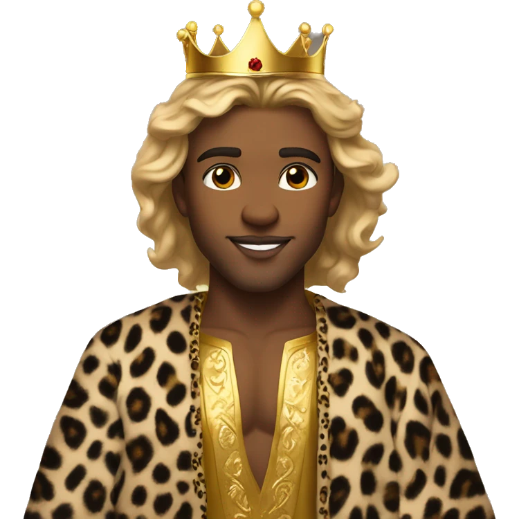 young king with dirty blonde flowing hair, hazel eyes, a gold crown, a cheetah print  robe and stubble emoji