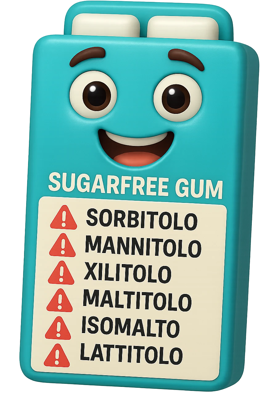 SU QUESTO STILE FAI UN EMOJI STILE IPHONE 3D DI UN pacchetto di gomme senza zucchero con ETICHETTA CON GLI INGREDIENTI SCRITTI, "sorbitolo, mannitolo, xilitolo, maltitolo, isomalto, lattitolo" accanto ad ogni nome scritto mettici un segnale di allarme, FALLO MOLTO REALISTICO IN 3D emoji