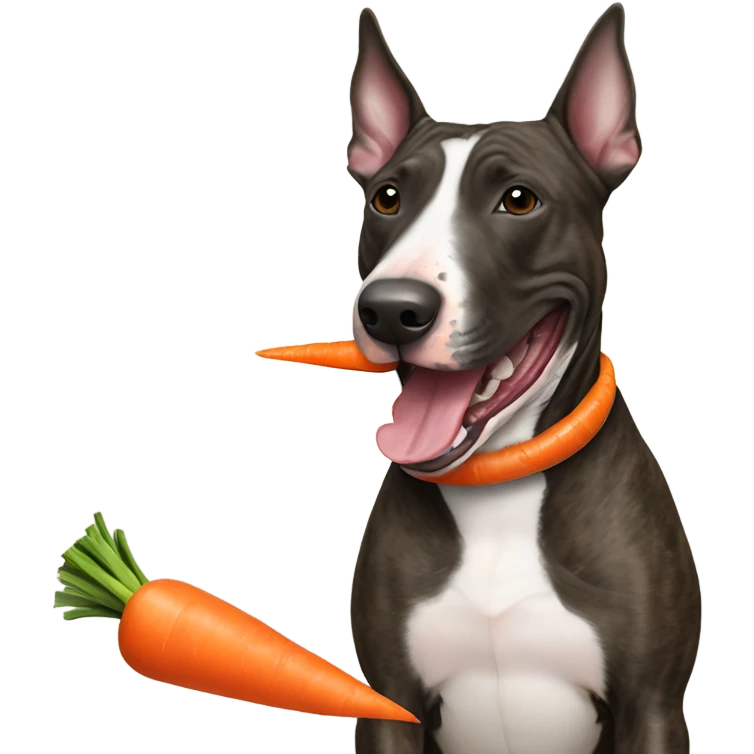 Brindle Bull terrier with a carrot toy in mouth emoji
