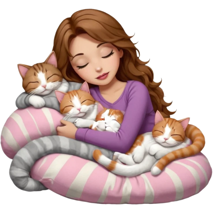 girl with long wavy brown hair, brown eyes, long lashes makeup, sexy pink lips, light to medium complexion,  sleeping on a cozy pillow, with 6 cats: 1 brown and white tabby cat, 1 ginger and white, 2 grey and white, 1 grey with white mittens and small white patch on chest and 1 calico, sleeping emoji