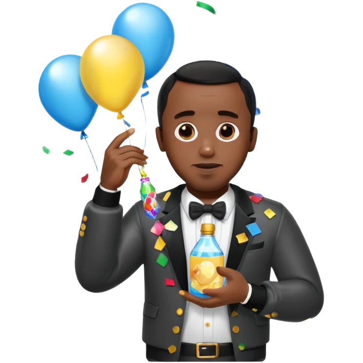 Diddy holding baby oil at a party with balloons and confetti and banners emoji