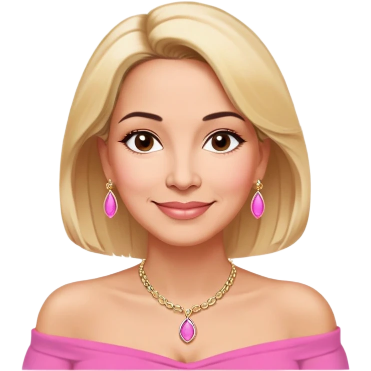 Puerto Rican actress Linette Torres in her 50s with warm light skin, sweet loving expression, gentle kind eyes, well-defined eyebrows, straight nose, warm smile, shoulder-length blonde hair, wearing a pink off-shoulder strapless top and a necklace emoji