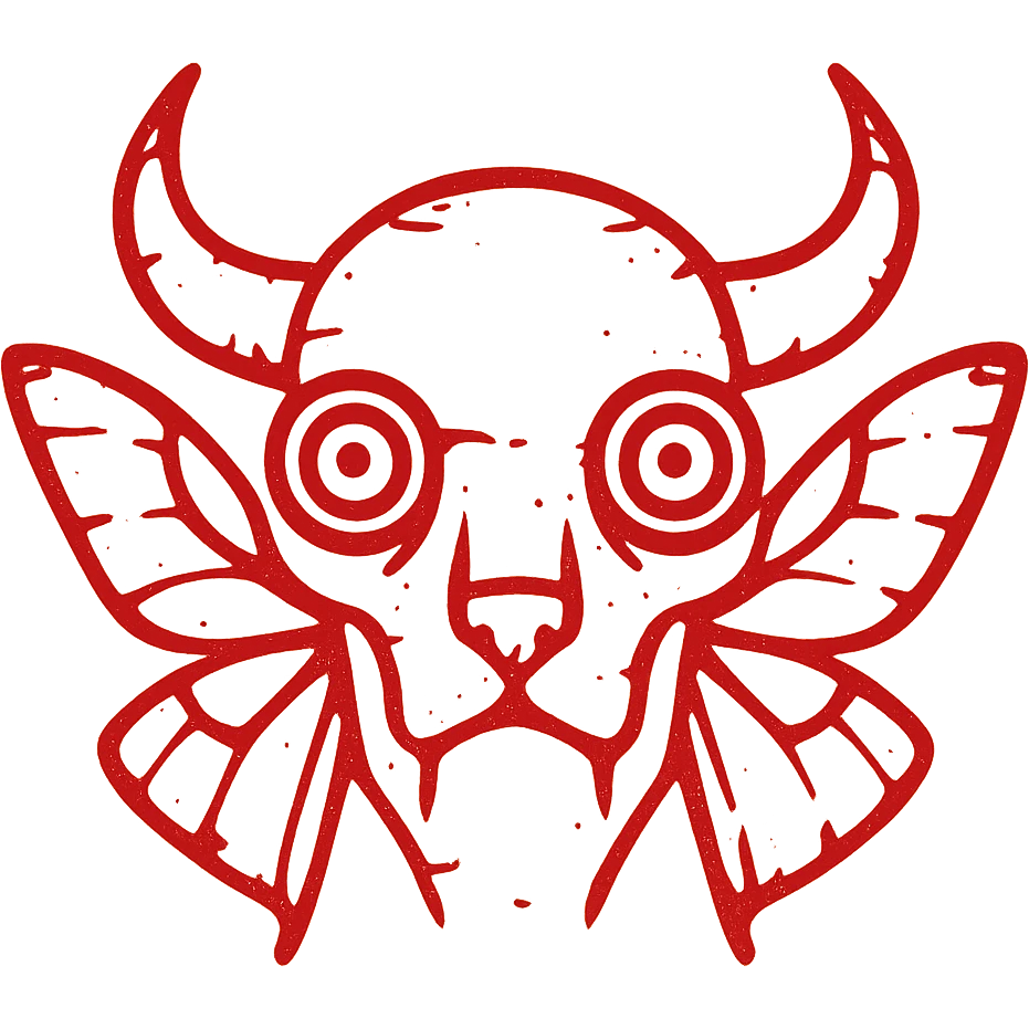 a minimalist red line art icon of only a terrifying fused head with minotaur skull horns, stoat face structure, frog eyes, and moth wings growing from the sides of the skull, transparent middle, extremely weathered and scratched appearance with deliberately missing sections, torn edges, and smudged lines, sparse red elements only emoji